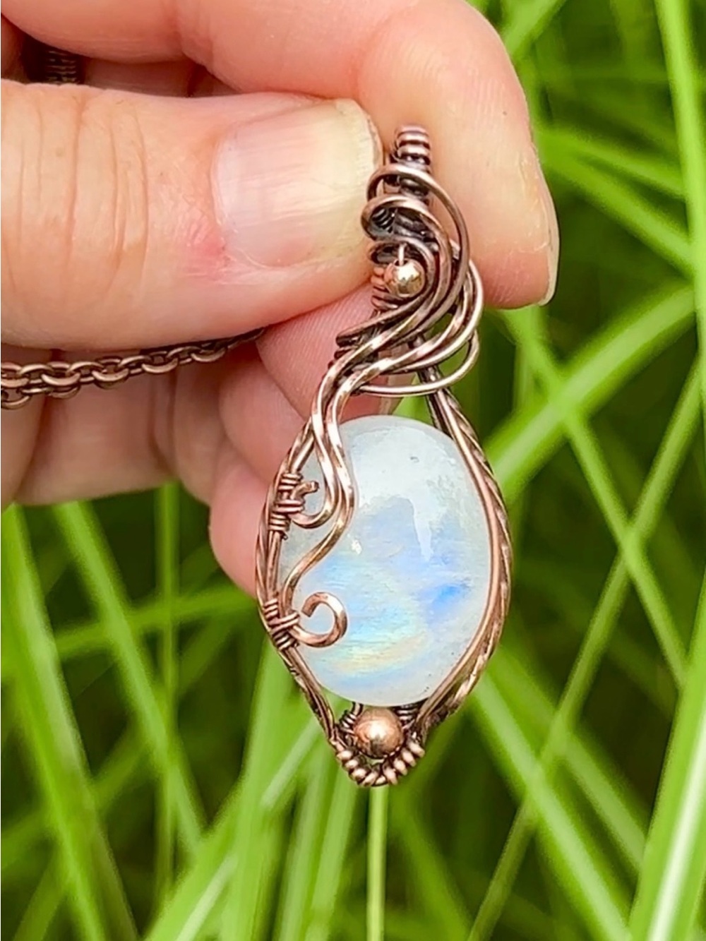 HANDMADE Rainbow Moonstone Wire Wrapped Copper Pendant Necklace, Artisan Jewelry